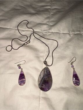Amethyst Teardrop Pendant Necklace and Earrings Set - Purple Gemstone